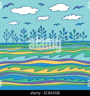 Mare e cielo estivo con nuvole e uccelli. Disegno a mano di vettore semplice disegno di linea art. Illustrazione Vettoriale