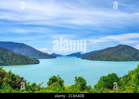 Vista sul Pelorus Sound dalla Cullen Point Scenic Reserve, Marlborough Sounds, South Island, Nuova Zelanda Foto Stock