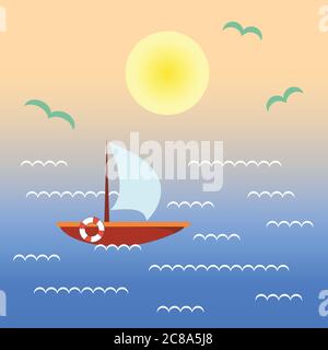 Barca sul tramonto. Paesaggio con nave, oceano, cielo, sole Illustrazione Vettoriale