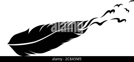 Piuma e uccelli monocromatici in bianco e nero per tatuaggio Illustrazione Vettoriale