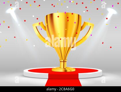 Realistico Trofeo d'Oro sul podio rotondo illuminato con confetti illuminati con riflettori. Premiazione concetto. Sfondo del palco. Illustrazione vettoriale Illustrazione Vettoriale