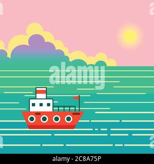 Barca sull'acqua. Paesaggio con nave, oceano, cielo, sole, isola esotica e nuvole Illustrazione Vettoriale