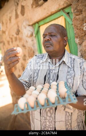 Un piccolo agricoltore maschile tiene un vassoio di uova nella sua fattoria di pollo nella contea di Makueni, Kenya, Africa orientale. Foto Stock