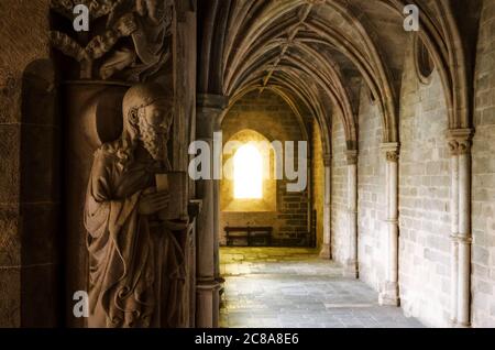 Particolare dei chiostri gotici medievali della cattedrale di Evora, capoluogo della regione dell'Alentejo (Portogallo) con una statua evangelista che regge la b Foto Stock