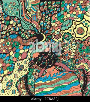 Versione colorata della pagina vettoriale da colorare con ragazza surreale per la Giornata della Madre Terra 22 aprile. Illustrazione disegnata a mano con la Dea della Terra. Doodle e. Illustrazione Vettoriale