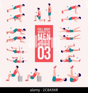 Set da uomo per allenamento. Uomini che fanno esercizi di fitness e yoga. Affondo, pushup, squat, file di manubri, burpee, tavole laterali, situps, ponte di glute, sollevamento gamba, Illustrazione Vettoriale