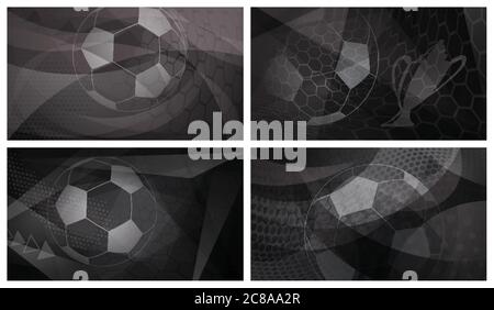 Set di quattro sfondi astratti scuri di calcio o calcio con palla grande in nero e grigio Illustrazione Vettoriale
