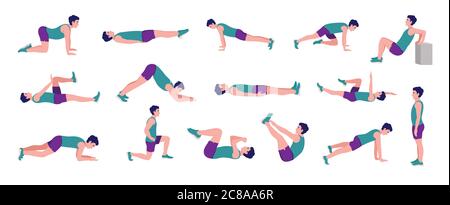 Set da uomo per allenamento. Uomini che fanno esercizi di fitness e yoga. Affondo, pushup, squat, file di manubri, burpee, tavole laterali, situps, ponte di glute, sollevamento gamba, Illustrazione Vettoriale