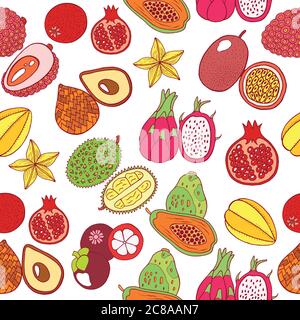 Disegno a mano senza cuciture con frutti esotici tropicali. Grafica vettoriale su sfondo bianco Illustrazione Vettoriale