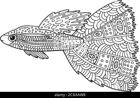 Doodle zentangle pesce. Pagina da colorare con animale marino per adul Illustrazione Vettoriale