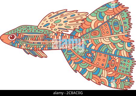 Doodle zentangle pesce. Pagina Zen art da colorare per adulti. Illustrazione Vettoriale