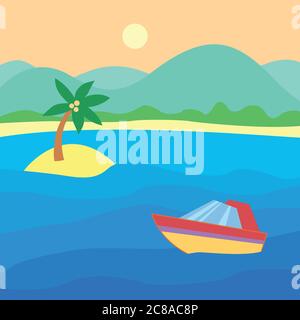 Lancia sull'acqua. Paesaggio tropicale con nave, oceano, cielo, sole Illustrazione Vettoriale