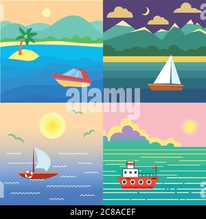 Barca sull'acqua. Paesaggio con nave, oceano, cielo, sole, isola esotica e nuvole. Illustrazione Vettoriale