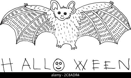 Pagina da colorare e doodle schizzo con pipistrello e parola di Halloween. Hol Illustrazione Vettoriale