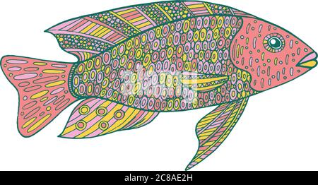 Doodle zentangle pesce. Pagina Zen art da colorare per adulti. Illustrazione Vettoriale