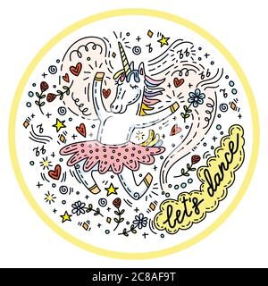 Divertente unicorno da ballo in gonna. Carattere vettoriale umorismo in stile doodle.colorato illustrazione isolata per abbigliamento, adesivi, design cuscino, orologio, ca Illustrazione Vettoriale