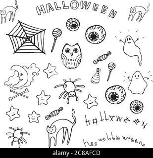 Halloween Set. Collezione di elementi cartoni animati di Doodle - gatti, ragni, gufo, fantasmi, occhi Illustrazione Vettoriale