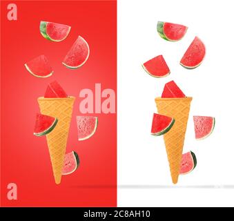coni gelato con ingredienti che cadono in movimento Foto Stock