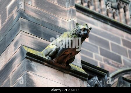 Lavorazione di pietra gotica all'esterno della cattedrale di Chester Foto Stock