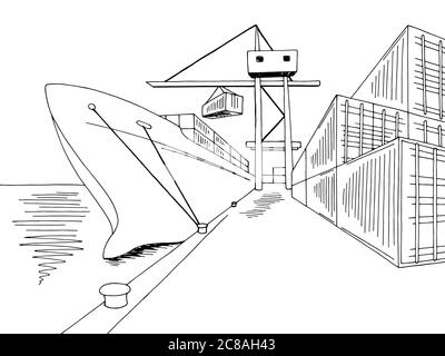 Porto caricamento nave secca cargo grafico nero bianco mare paesaggio disegno vettore Illustrazione Vettoriale