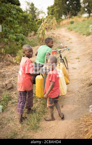 I bambini usano una bicicletta per prendere e trasportare acqua in un villaggio rurale nel distretto di Rakai, Uganda, Africa orientale. Foto Stock