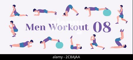 Set da uomo per allenamento. Uomini che fanno esercizi di fitness e yoga. Affondo, pushup, squat, file di manubri, burpee, tavole laterali, situps, ponte di glute, sollevamento gamba, Illustrazione Vettoriale