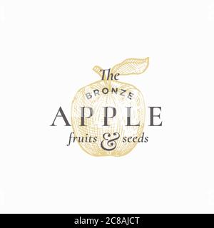 Il simbolo, il simbolo o il modello del logo Bronze Apple Abstract Vector. Mela con sillhouette a foglia di schizzo con elegante retrospografia. Lusso vintage Illustrazione Vettoriale