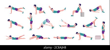 Set da uomo per allenamento. Uomini che fanno esercizi di fitness e yoga. Affondo, pushup, squat, file di manubri, burpee, tavole laterali, situps, ponte di glute, sollevamento gamba, Illustrazione Vettoriale