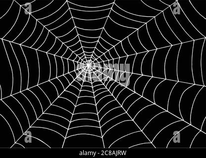 Bianco ragno web su sfondo nero, Doodle schizzo vettore art. Illustrazione Vettoriale