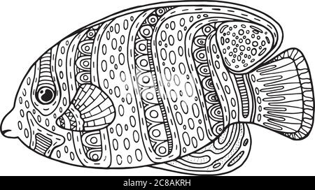 Doodle zentangle pesce. Pagina Zen art da colorare per adulti. Illustrazione Vettoriale