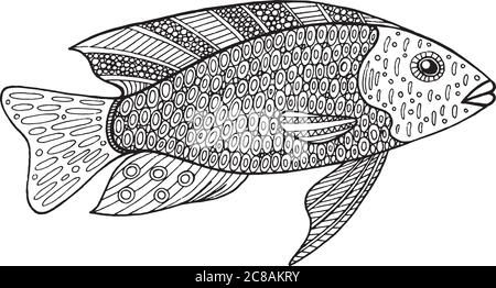 Doodle zentangle pesce. Pagina da colorare per adulti. Illustrazione Vettoriale