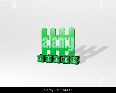 Rappresentazione 3D DELLA RECINZIONE con icona sulla parete e testo disposto da lettere cubiche metalliche su un pavimento a specchio per il significato concettuale e presentazione slideshow. Sfondo e legno Foto Stock