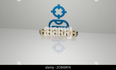 Rappresentazione 3D del bersaglio con icona sulla parete e testo disposto da lettere cubiche metalliche su un pavimento a specchio per il significato concettuale e presentazione slideshow. Illustrazione e business Foto Stock