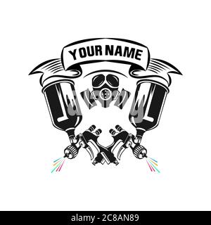 Master aerografo. Specialista in un respiratore e occhiali con una pistola a spruzzo per verniciatura auto. Silhouette nera su sfondo bianco. Illustrazione vettoriale Illustrazione Vettoriale