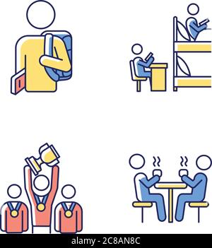 Set di icone di colore RGB per la vita degli studenti. Vita e attività del campus. Vita universitaria. Compagni di studio in dormitorio. Persone che bevono bevande calde. ISO Illustrazione Vettoriale