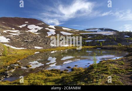 Bellissimo lago alpino naturale in verde prato e Summertime Canadian Rocky Mountain Panorama nel Banff National Park, Alberta Foto Stock