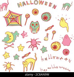 Halloween Set. Collezione di elementi cartoni animati di Doodle - gatti, ragni, gufo, fantasmi, occhi Illustrazione Vettoriale