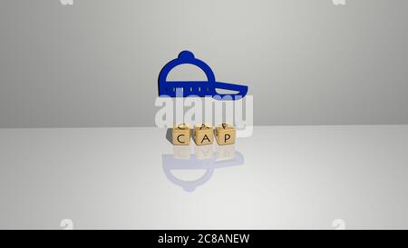 Rappresentazione 3D del CAPPUCCIO con icona sulla parete e testo disposto da lettere cubiche metalliche su un pavimento a specchio per il significato concettuale e la presentazione della presentazione. Illustrazione e sfondo Foto Stock