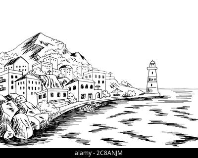 Città mare grafico nero bianco baia disegno paesaggio vettore illustrazione Illustrazione Vettoriale