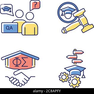 Set di icone a colori RGB College LIFE. Consulente accademico. Organizzazione studentesca universitaria. Vita e attività studentesche. Fraternità. Supporto accademico. Fare Illustrazione Vettoriale