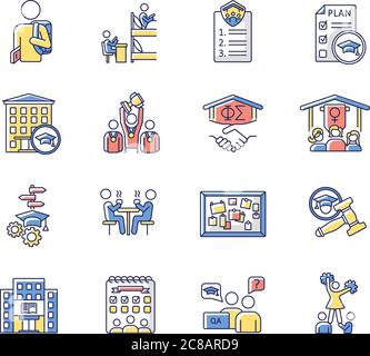 Set di icone colore RGB per la vita del campus. Università e college. Uomo di freschezza. Vita e attività studentesche. Cheerleader e team sportivo. Camere e dormitori. Illustrazione Vettoriale