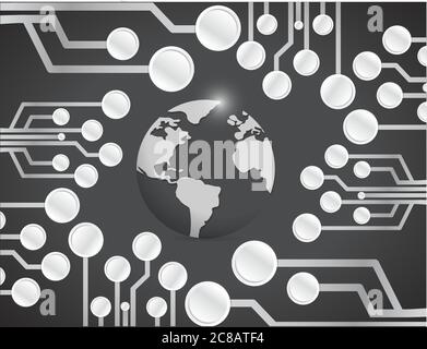Disegno di un circuito a globo su sfondo nero Illustrazione Vettoriale