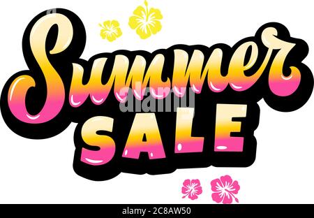 Estate Vendita astratto Vector lettere a mano Gard, segno o Poster modello. Con fiori Hawaii e Gradient giallo Rosa. Illustrazione Vettoriale