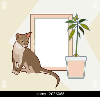 Vettore mock su telaio di legno, seduto abissino gatto e pianta di avocado. Poster interno mockup. Illustrazione Vettoriale