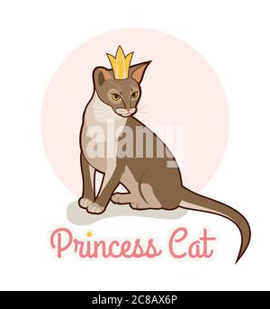 Principessa gatto con corona d'oro. Illustrazione isolata del vettore di gatto abissino. Ritratto di gatto seduto Illustrazione Vettoriale