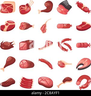 fascio di tagli di carne imposta icone disegno vettoriale illustrazione Illustrazione Vettoriale