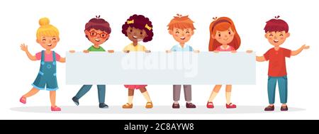 Bambini che tengono grande banner vuoto. Allegri e diversi bambini che ridono e sorridono. Modello per la pubblicità con spazio vuoto per il testo. Felici ragazzi e ragazze Illustrazione Vettoriale