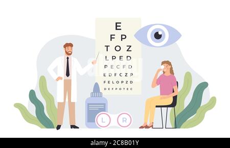 Visione di controllo oftalmologista. Test di assistenza agli occhi, diagnostica oftalmologica e oftalmologi professionali con illustrazione vettoriale dei camici bianchi. Illustrazione Vettoriale