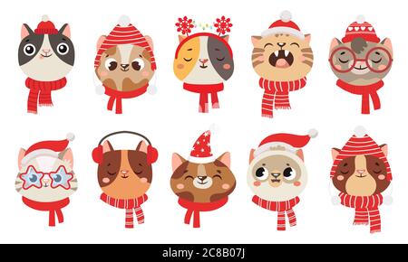 Gatti invernali in sciarpa e cappello. Carino animale domestico che indossa accessorio di Natale come cuffie e party santa cappelli. Adorabili gattini che brilitano, sorridendo ad occhio chiuso Illustrazione Vettoriale
