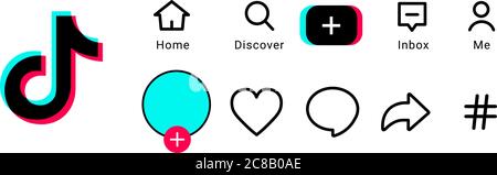 Modelli di icone. Layout dei pulsanti Web dell'applicazione mockup, ui. Concetto di Tik Tok dei social media. Illustrazione vettoriale su sfondo bianco. Illustrazione Vettoriale